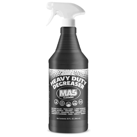 Black 32 oz bottle of MA5x Cleaning Heavy Duty Degreaser with bold white text on a black label. Suitable for cleaning engines, tires, appliances, concrete floors, grills, and more. Includes “Made in USA” and recycling symbols. Net contents: 32 FL OZ (946 mL).