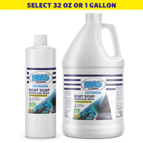Two bottles of MAS Cleaning Eco Marine Boat Soap and Wax Concentrate on a white background with text for size selection.