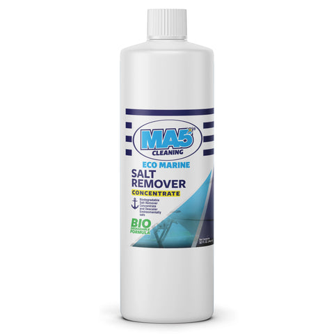 A white bottle of MA5X Eco Marine Salt Remover with blue and navy labeling, indicating it is biodegradable and concentrated.
