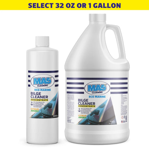 Two bottles of MA5x Cleaning Eco Marine Bilge Cleaner Concentrate, 32 oz and 1 gallon, on a white background.