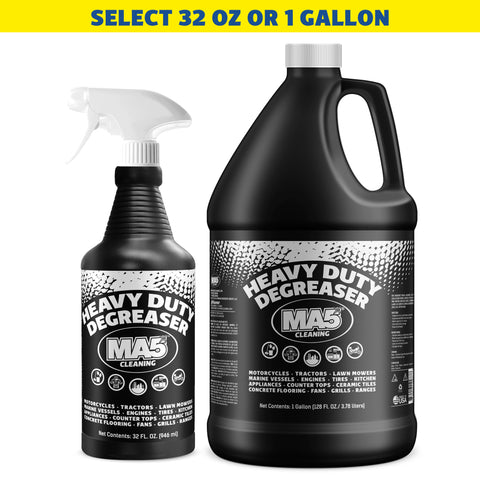 Ma5x Heavy-duty degreaser black bottles in 32 oz and 1 gallon sizes on a white background, with text for size selection.