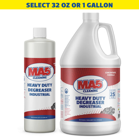 MA5x Heavy Duty Degreaser Industrial bottles in 32 oz and 1 gallon sizes on a white background, with text for size selection.