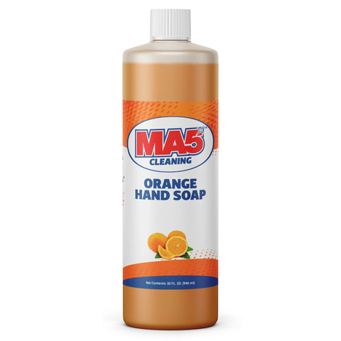 A 32 oz bottle of MA5X Orange Hand Soap with a orange and white label.