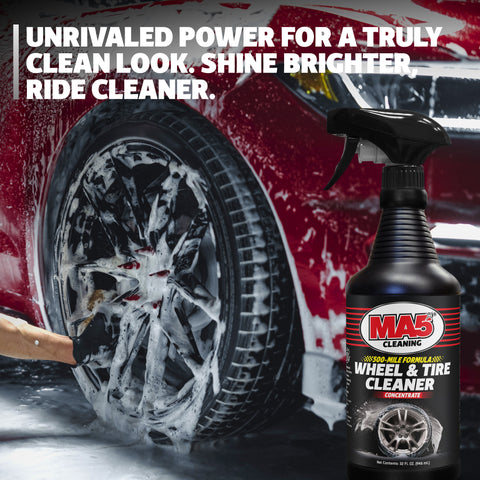 MA5x Wheel & Tire Cleaner 32oz bottle with a car wheel being cleaned in the background.