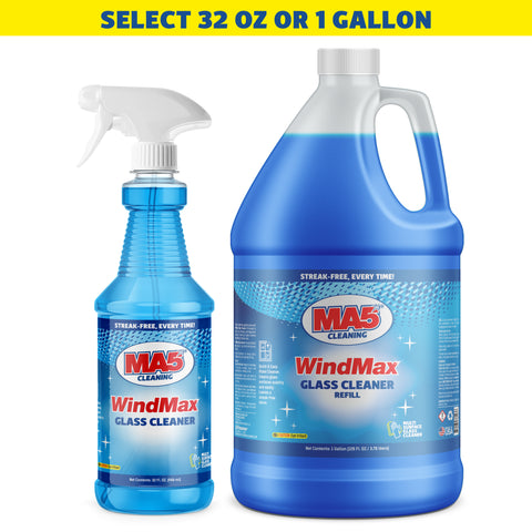 Two bottles of MA5x Cleaning WindMax Glass Cleaner, one spray bottle 32 oz and one Gallon refill, on a white background with text for size selection.