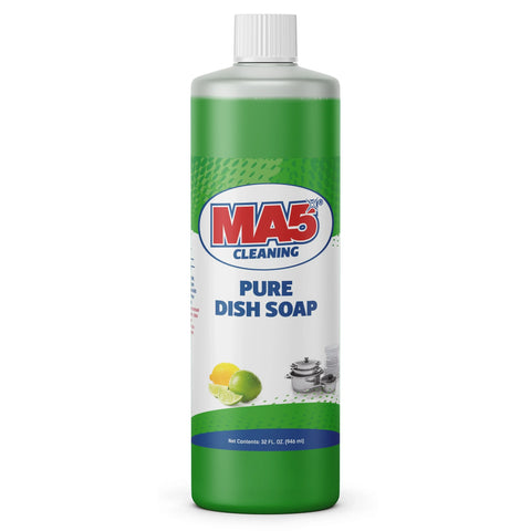 Green 32oz bottle of MA5x Cleaning Pure Dish Soap with a white and green label. Features bold blue product name, red and blue brand logo, and images of limes and clean dishes. Includes usage and safety info. Net contents: 32 FL OZ (946 mL). Designed for effective dishwashing with a fresh lime scent.