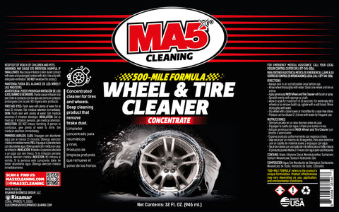 MA5x Cleaning wheel and tire cleaner 32 oz label with a black background