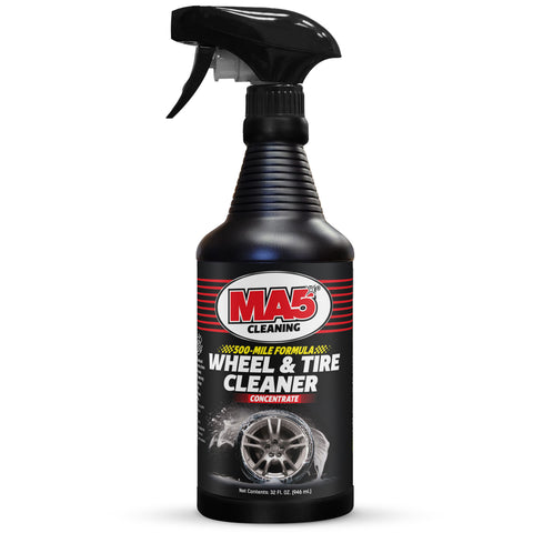 Black 32 oz spray bottle of MA5x Wheel & Tire Cleaner, label with a black background and tire and rim being washed.