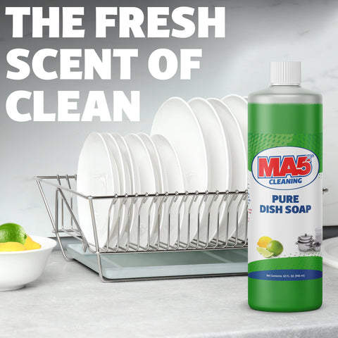 MA5X Pure dish soap lemon scented pH balanced formula before after cleaning