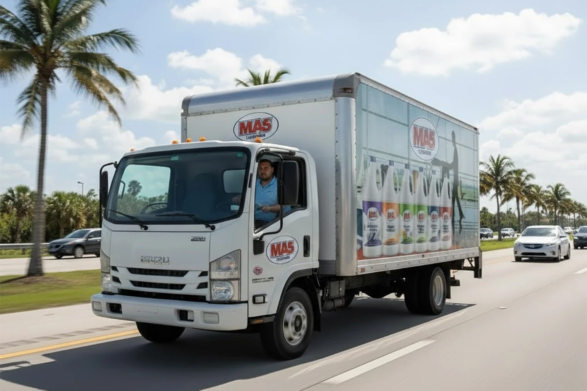 MA5X delivery truck on a road with palm trees in the background
