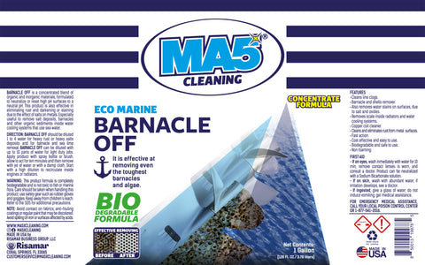MA5x Eco Marine Barnacle Off product Label, in a white and dark blue background, Gallon presentation