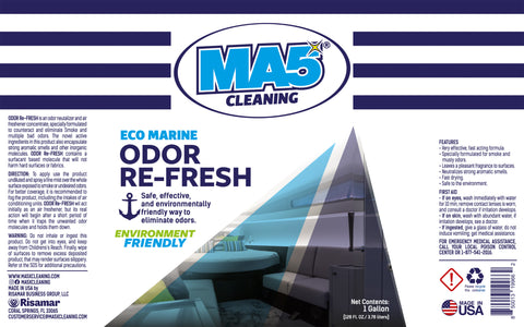 MA5x Eco Marine Odor Refresh product Label, in a white and dark blue background, Gallon presentation