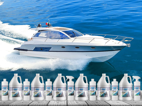 Yacht speeding on water with bottles of MA5x eco marine boat cleaning products in the foreground