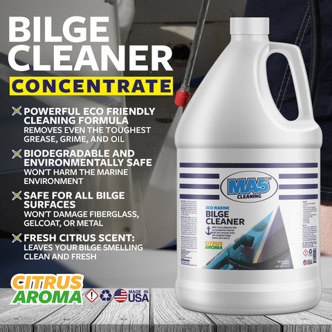 MA5x Eco Marine Bilge Cleaner, Gallon Size, on a boat dock with some product features.