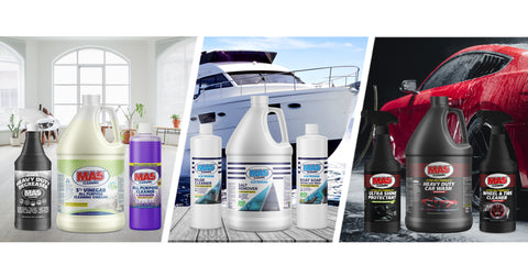 Collage of MA5x cleaning products with a living room, boat and car in the background