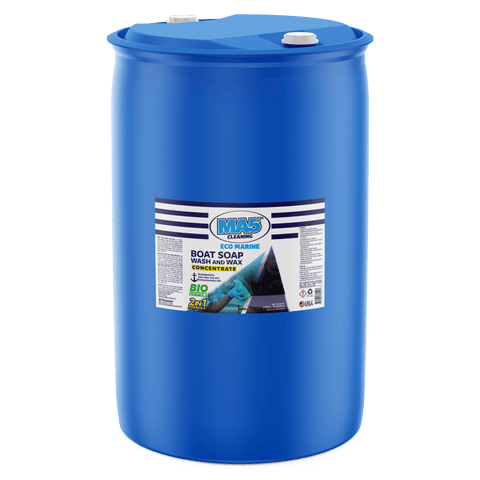 Blue barrel with a label for MA5x marine boat soap wash and wax concentrate product, on a white background. 55 Gallon Size.