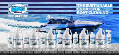 MA5x Eco Marine Products (Gallons and 32 oz bottles) with a modern boat at the background 