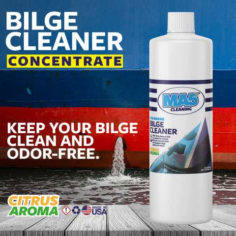 MA5x Eco Marine Bilge Cleaner,32 oz bottle, on a boat dock with a boat in the background.