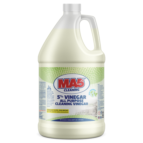 A gallon-sized bottle of MA5X VINEGAR 5% All Purpose Cleaning Vinegar with a label that includes the brand name and product description.