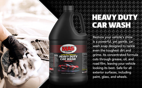 MA5x Heavy Duty Car Wash soap Gallon bottle with text and car washing action.
