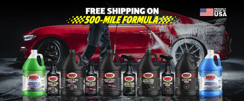 Red car being washed with MA5x automotive products and promotional text for free shipping. With Proudly Made in USA text.