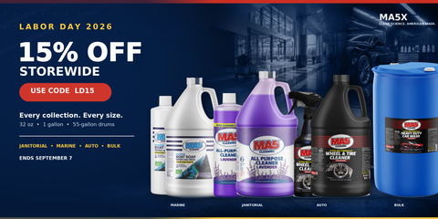 Promotional banner for MA5X Labor Day 2026 offering 15% off storewide, featuring multiple MA5X branded cleaning products including jugs and a drum on a dark blue background with a blurred garage scene.