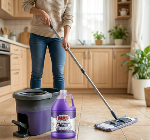 Using MA5X lavender cleaner in a mop bucket for professional floor results.