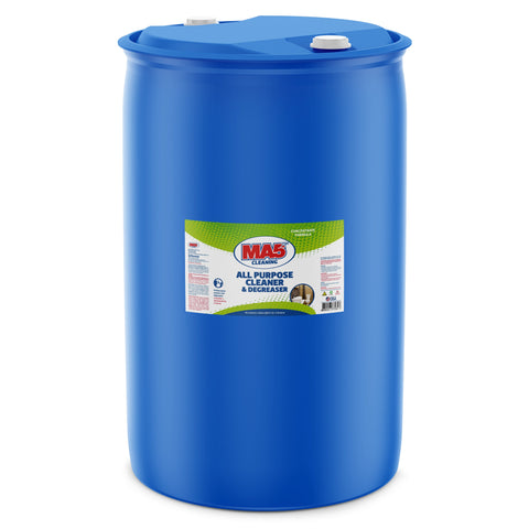 A large, sealed blue 55-gallon plastic drum of MA5X All Purpose Cleaner and Degreaser. The product label features a detailed image of a restroom and a title that reads "MA5X Cleaning, All Purpose Cleaner and Degreaser". The drum is sitting in a white studio-lit environment.