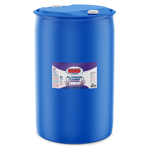 A large, sealed blue 55-gallon plastic drum of MA5X All Purpose Cleaner Lavender. The product label features a detailed image of lavender flowers and a title that reads "MA5X Cleaning, All Purpose Cleaner Lavender". The drum is sitting in a white studio-lit environment.