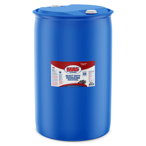 A large, sealed blue 55-gallon plastic drum of MA5X Heavy Duty Degreaser Industrial. The product label features a detailed image of some mechanical parts, and a title that reads "MA5X Cleaning, Heavy Duty Degreaser Industrial". The drum is sitting in a white studio-lit environment.