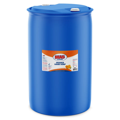 A large, sealed blue 55-gallon plastic drum of MA5X Orange Hand Soap. The product label features a detailed image of oranges and a title that reads "MA5X Cleaning, Orange Hand Soap". The drum is sitting in a white studio-lit environment.