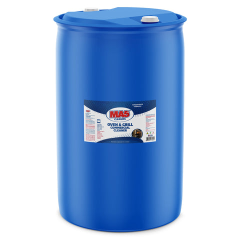 A large, sealed blue 55-gallon plastic drum of MA5X Oven and Grill Commercial Cleaner. The product label features a detailed image of a oven and a title that reads "MA5X Cleaning, Oven and Grill Commercial Cleaner". The drum is sitting in a white studio-lit environment.