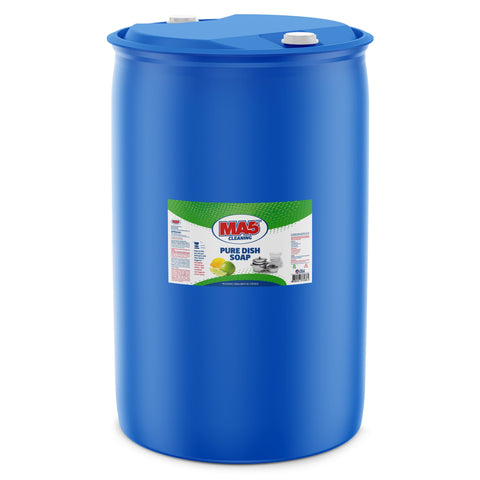 A large, sealed blue 55-gallon plastic drum of MA5X Pure Dish Soap. The product label features a detailed image of dishes and a title that reads "MA5X Cleaning, Pure Dish Soap". The drum is sitting in a white studio-lit environment.