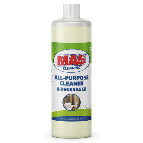 Bottle of MA5x Cleaning All-Purpose Cleaner & Degreaser, 32 fl oz (946 mL), featuring a blue and green label with a clean bathroom image. The product is a concentrated formula designed for versatile surface cleaning and degreasing.