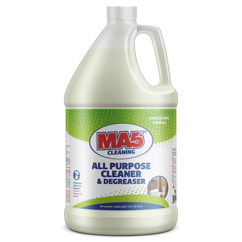 Bottle of MA5x Cleaning All-Purpose Cleaner & Degreaser, Gallon Size Bottle, featuring a blue and green label with a clean bathroom image. The product is a concentrated formula designed for versatile surface cleaning and degreasing.
