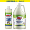 MA5x Cleaning all-purpose cleaner and degreaser in 32 oz and 1 gallon bottles on a white background,  with text for size selection.