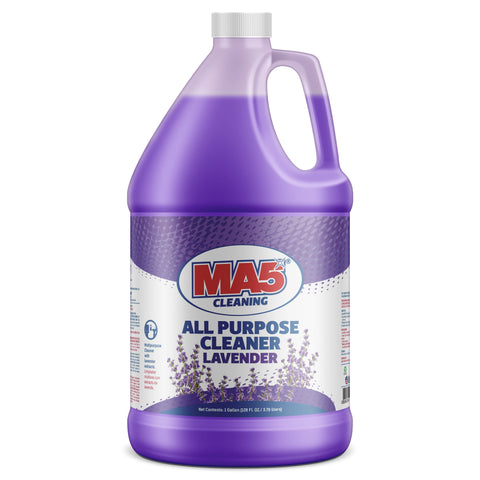 Purple Gallon Bottle of MA5x Cleaning All-Purpose Cleaner in lavender scent, featuring a white label with red and blue branding. The label includes lavender flower imagery. Net contents: 1 Gallon.