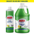 MA5x Pure Dish Soap bottles in 32 oz and 1 gallon sizes on a white background,  with text for size selection.