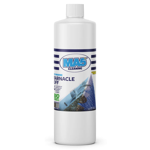 A white bottle with blue and black labeling, labeled 'Barnacle Off | Remover and Cleaner for Boats | Biodegradable and Concentrated Formula', with a 32oz measurement indication.