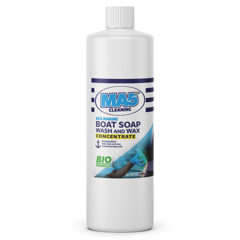 A large white plastic 32oz bottle of MA5x Cleaning Eco Marine Boat Soap Wash and Wax Concentrate. The label features blue and green text with an image of a person cleaning a boat surface. Key phrases on the label include “Biodegradable,” “Eco-safe,” “Environmentally safe,” and “Bio Formula.”