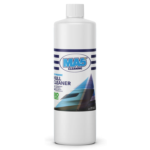 White 32 FL OZ (946 mL) bottle of MA5x Cleaning Eco Marine Hull Cleaner with a blue and white label. Features bold product name, boat hull graphic, and highlights like “Biodegradable Formula” and “Safe for the Environment.” Designed for cleaning marine vessel hulls with eco-friendly ingredients.
