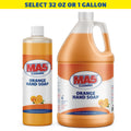 MA5x Cleaning Orange Hand Soap in 32 oz and 1 gallon bottles on a white background, with text for size selection.