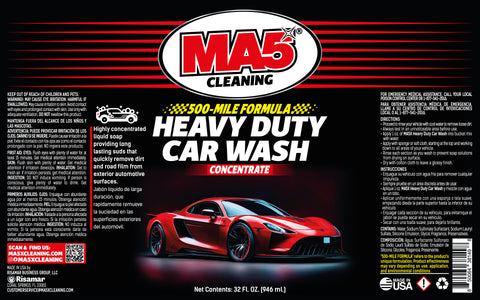 MA5x Cleaning Heavy Duty Car Wash concentrate 32 oz  label with a red sports car on a black background