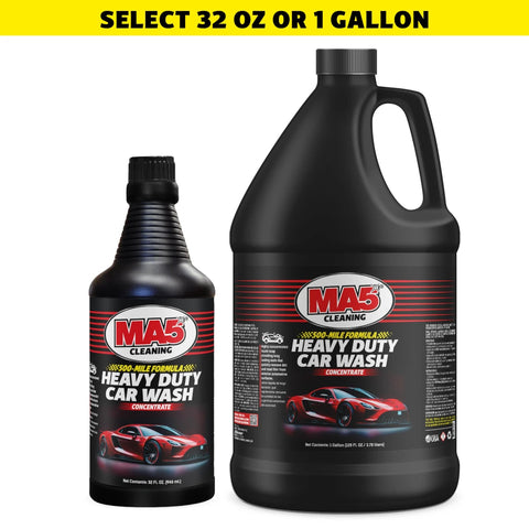 Two bottles of MA5x Heavy Duty Car Wash, one 32 oz, another one Gallon, on a white background with text for size selection.
