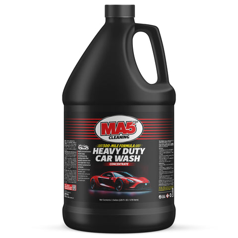 Black bottle of MA5x Heavy Duty Car Wash concentrate on a white background, Gallon Container.