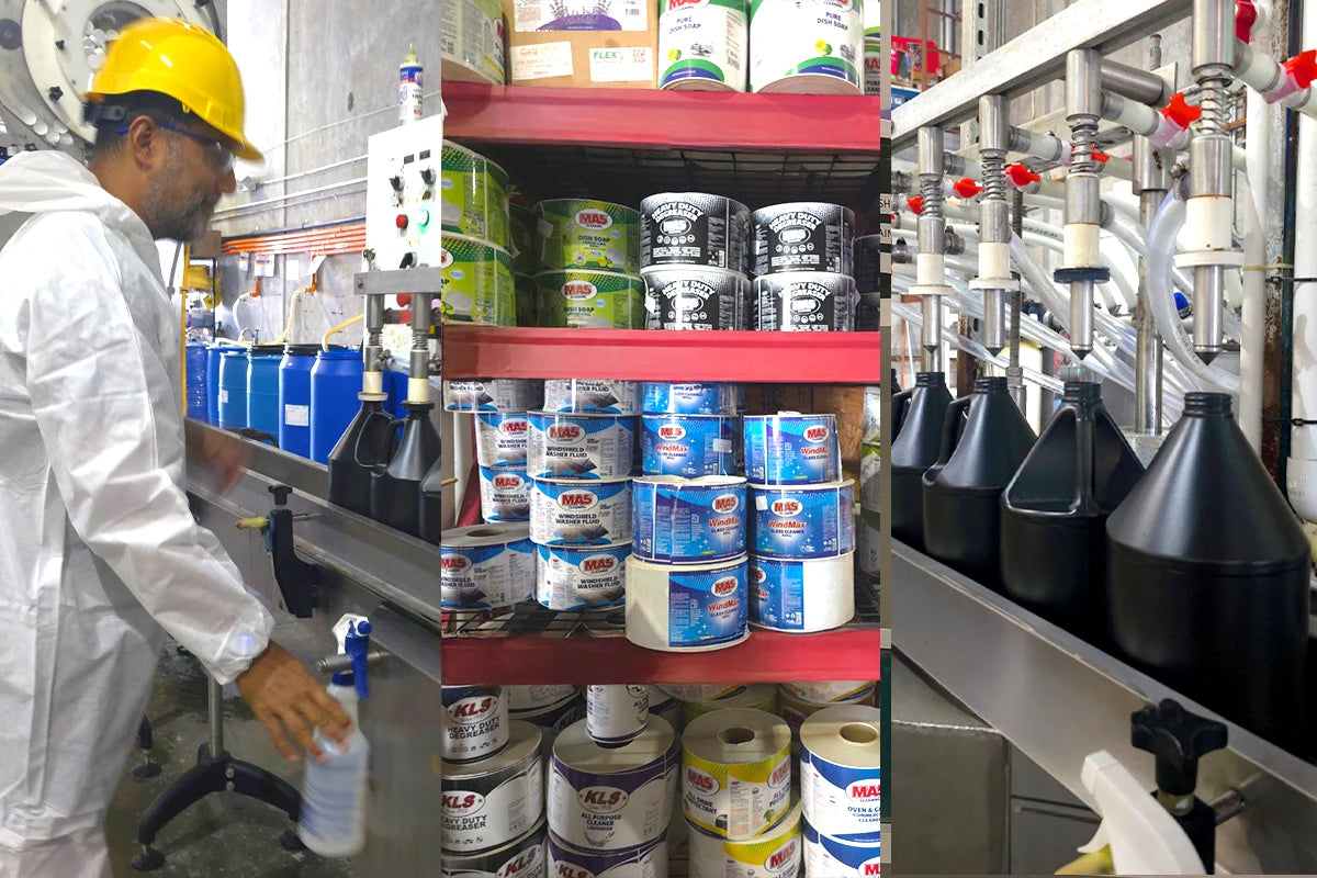 Factory setting with a worker in protective gear and shelves stocked with paint cans.