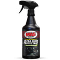 Black 32 oz spray bottle of MA5x Cleaning Ultra Shine Protectant, label with a dark background and showing interior car.