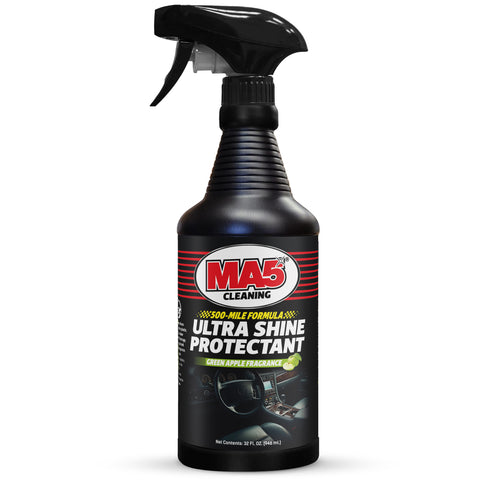Black 32 oz spray bottle of MA5x Cleaning Ultra Shine Protectant, label with a dark background and showing interior car.
