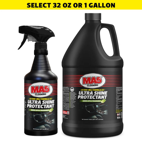 MA5x Ultra Shine Protectant spray bottle and gallon jug on a white background with text for size selection.