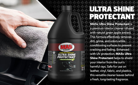 MA5x Ultra Shine Protectant Gallon with text details on a car interior background.